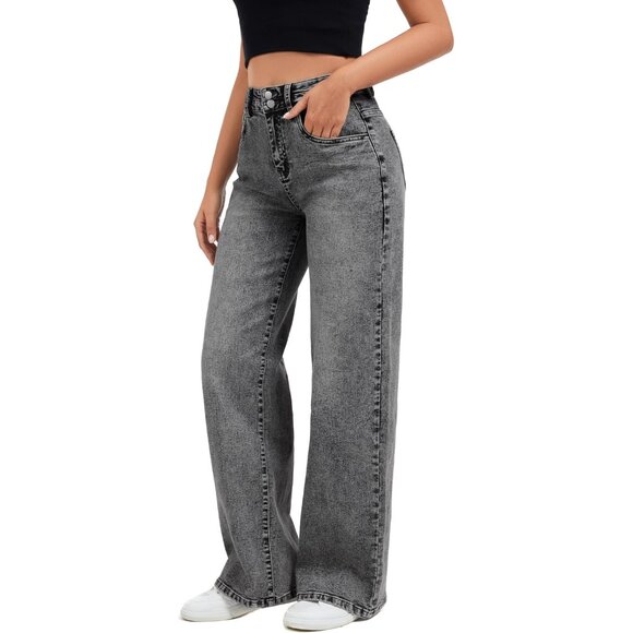 Women's Wide Leg Denim Jeans High Waist Baggy Stretchy Raw Hem Casual - Picture 5 of 6